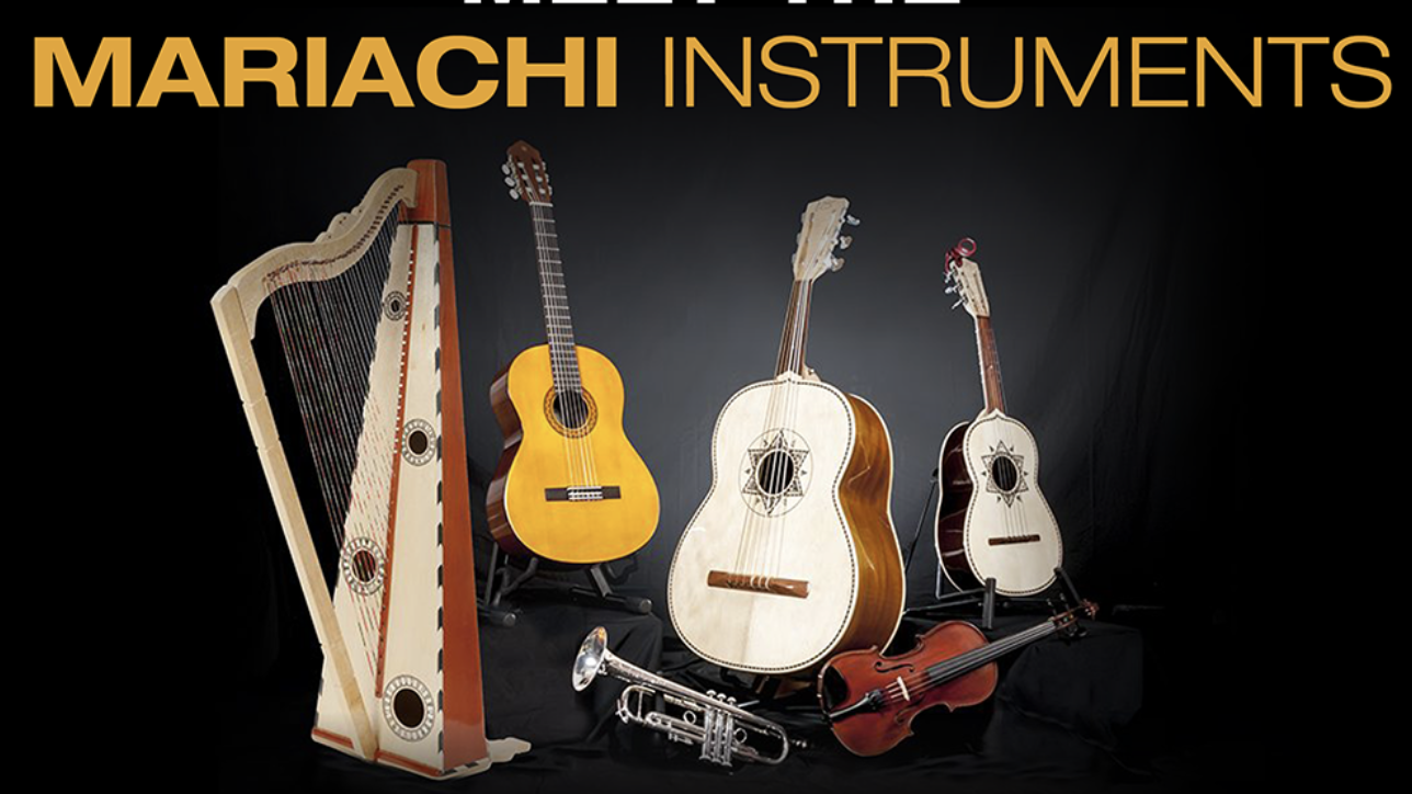 An image of the early musical instruments brought to Mexico from Spain.