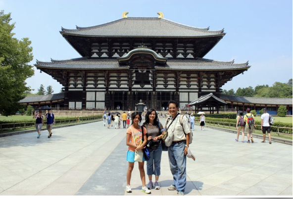 Image of the largest temple in Nara, Japan. Foreground is the author's family
