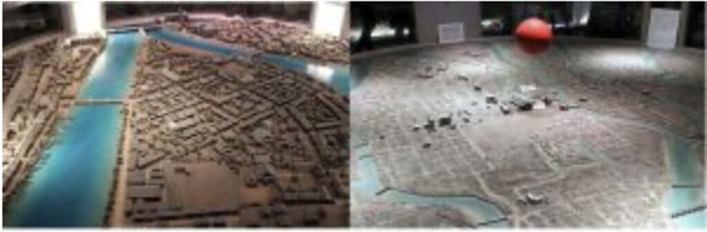 An image of a before and after image of Hiroshima atomic blast